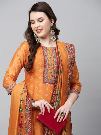Bandhani Printed & Hand Embroidered Straight Kurta with Pants & Dupatta - Mustard