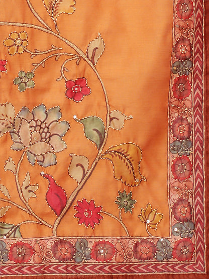 Bandhani Printed & Hand Embroidered Straight Kurta with Pants & Dupatta - Mustard