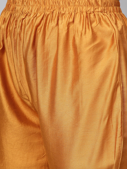 Bandhani Printed & Hand Embroidered Straight Kurta with Pants & Dupatta - Mustard