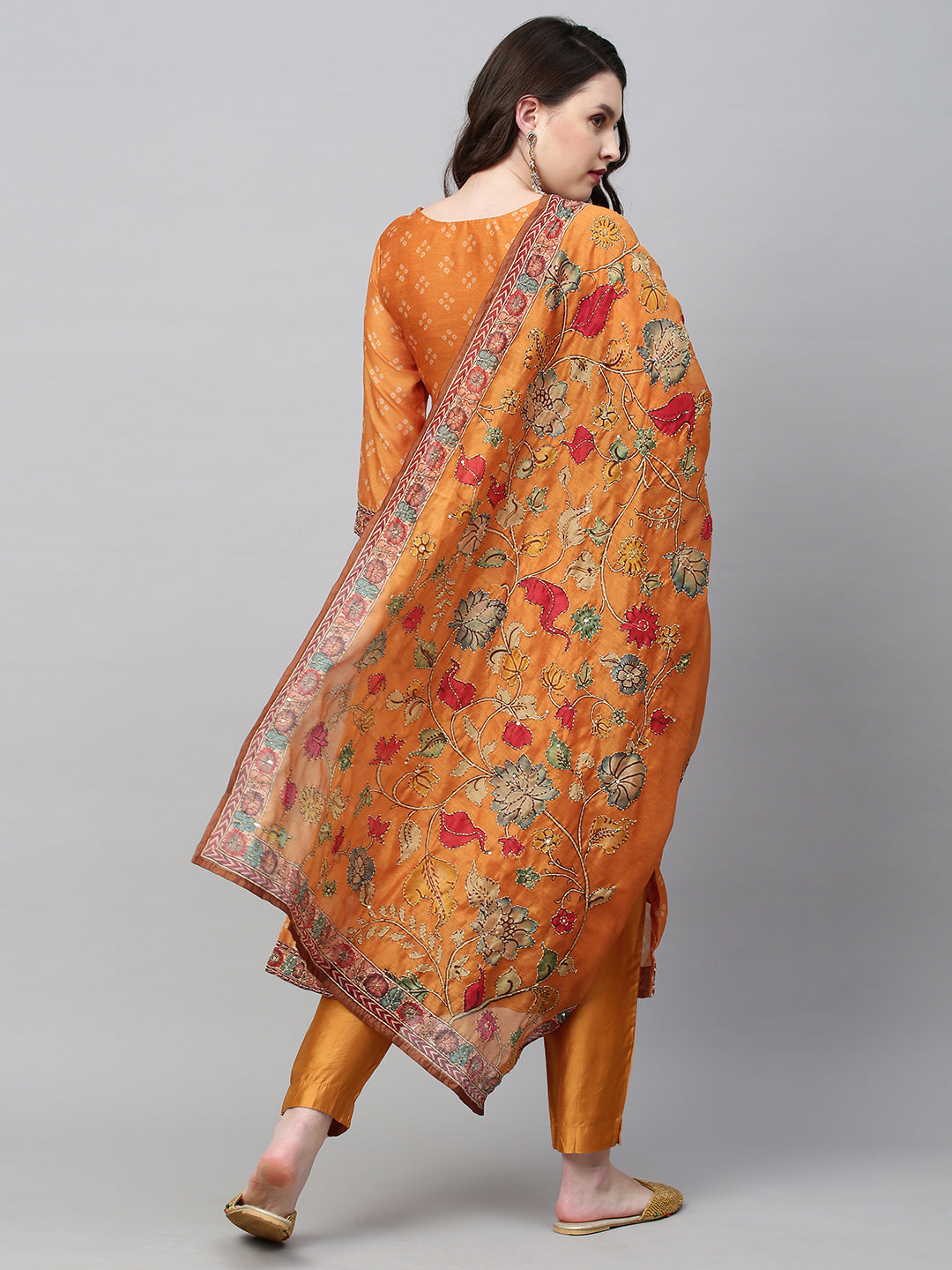 Bandhani Printed & Hand Embroidered Straight Kurta with Pants & Dupatta - Mustard