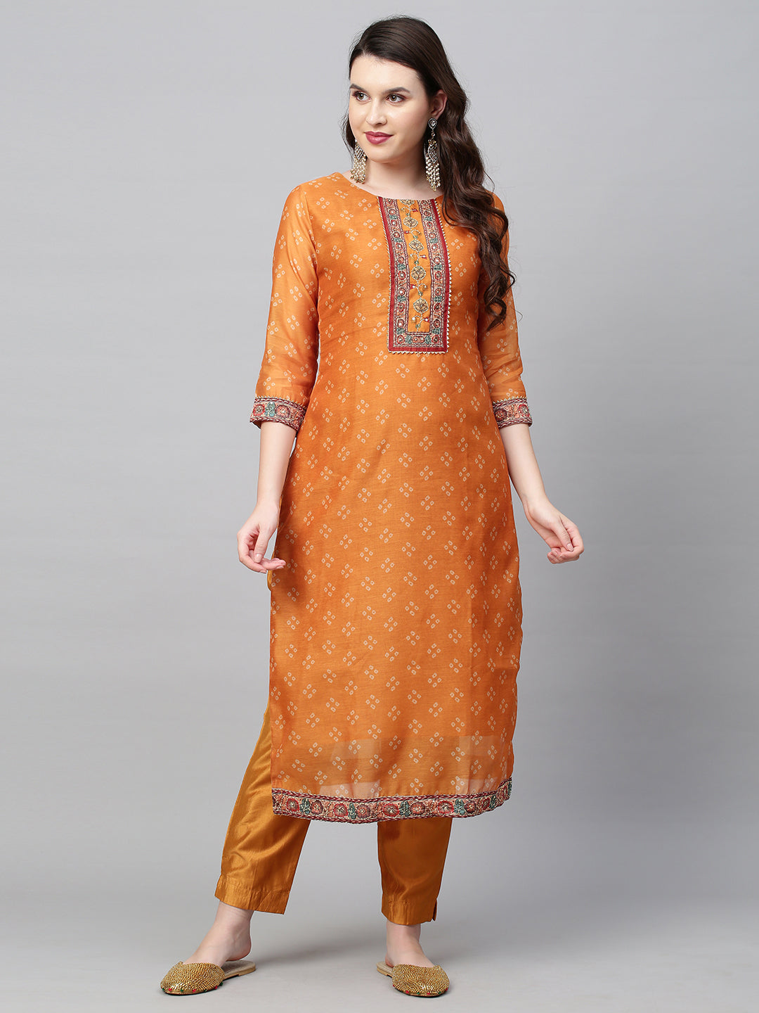 Bandhani Printed & Hand Embroidered Straight Kurta with Pants & Dupatta - Mustard