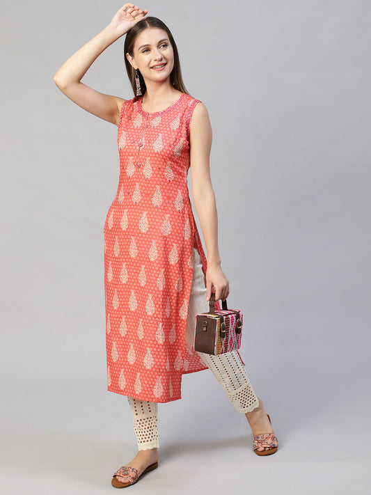 Ethnic Printed & Embroidered Straight Fit Kurta with Pants - Peach