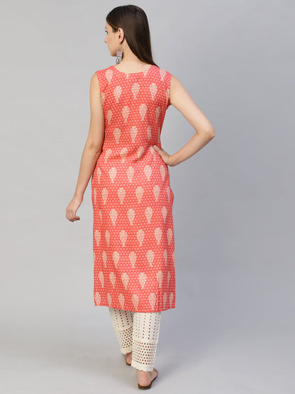 Ethnic Printed & Embroidered Straight Fit Kurta with Pants - Peach