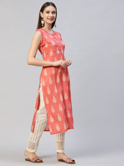 Ethnic Printed & Embroidered Straight Fit Kurta with Pants - Peach