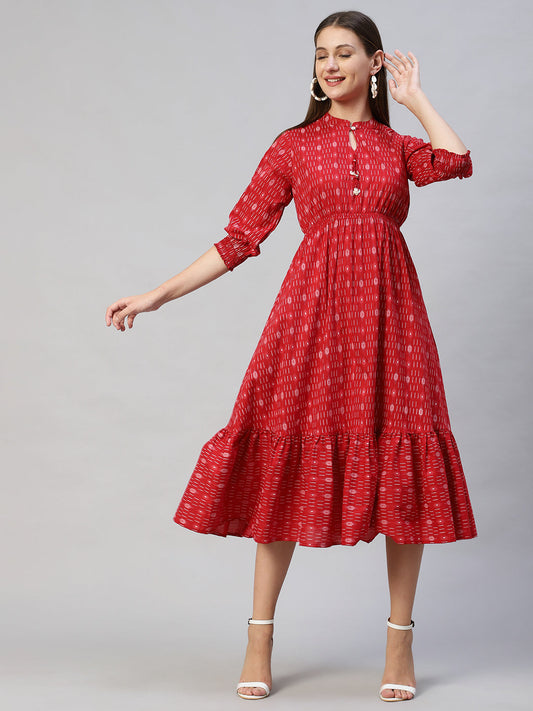 Ethnic Stripes Printed A-Line Flared Midi Dress - Red