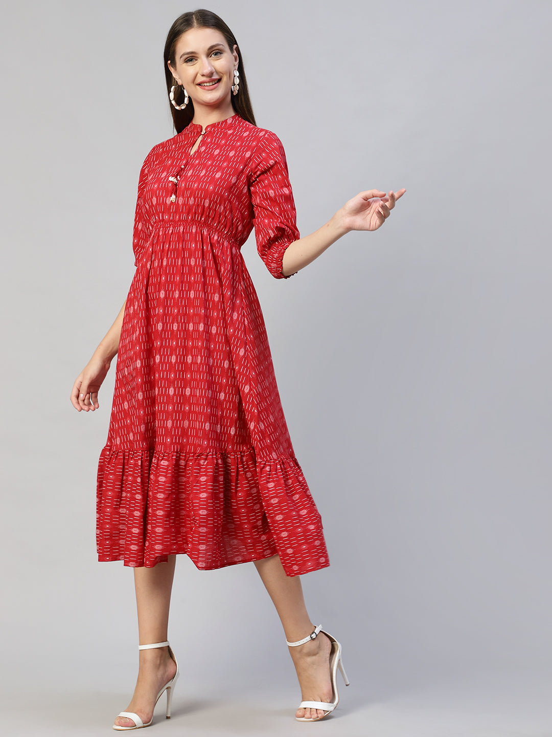 Ethnic Stripes Printed A-Line Flared Midi Dress - Red