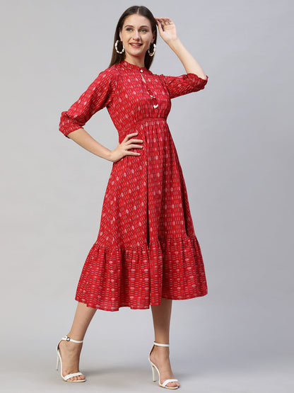 Ethnic Stripes Printed A-Line Flared Midi Dress - Red