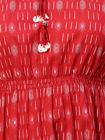 Ethnic Stripes Printed A-Line Flared Midi Dress - Red
