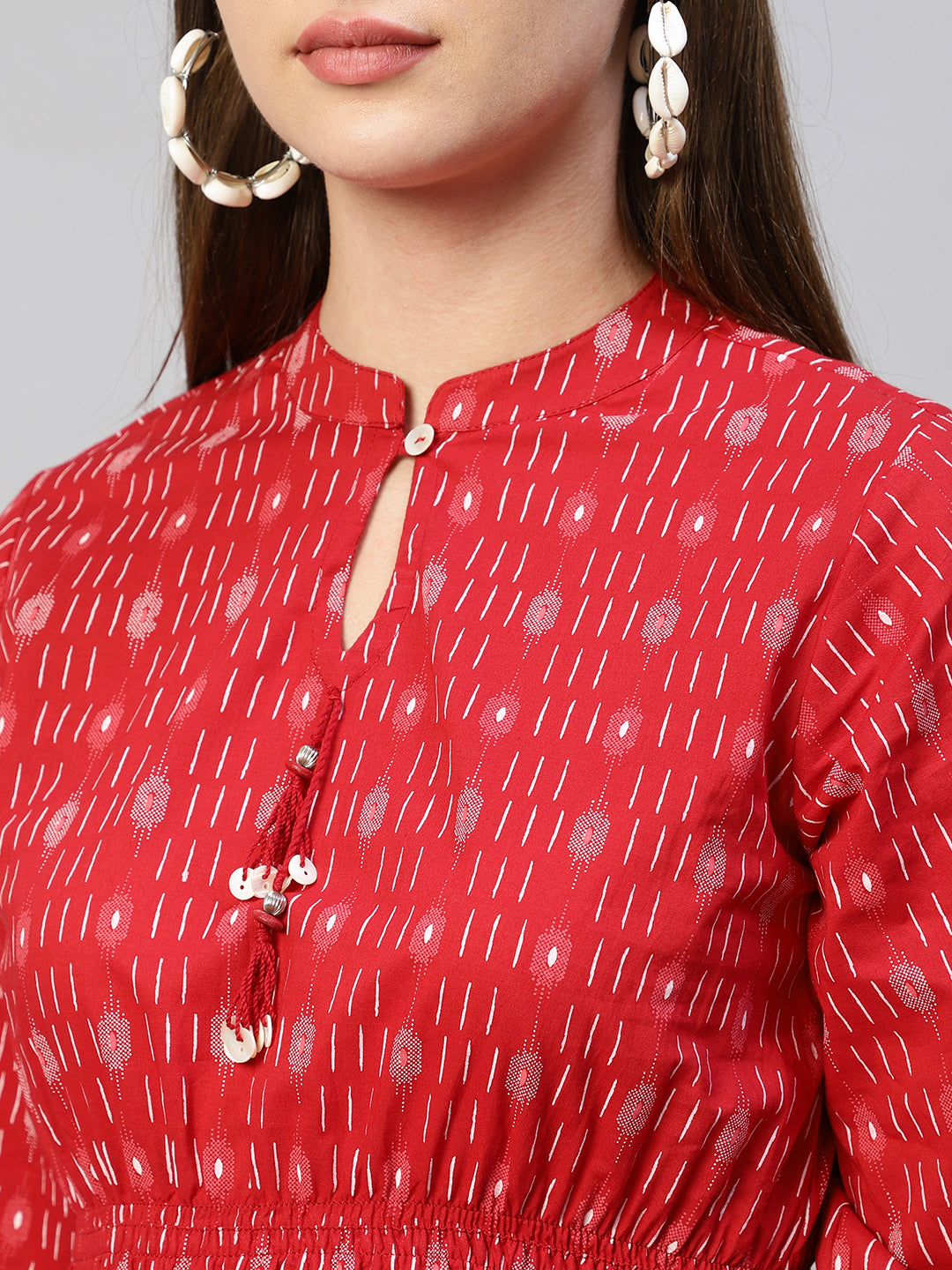 Ethnic Stripes Printed A-Line Flared Midi Dress - Red
