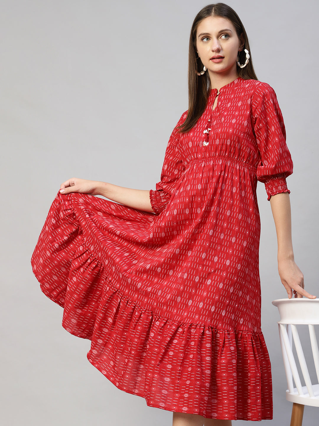 Ethnic Stripes Printed A-Line Flared Midi Dress - Red