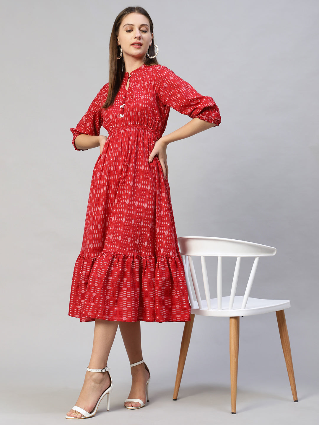 Ethnic Stripes Printed A-Line Flared Midi Dress - Red