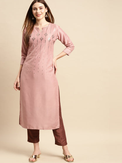 Ethnic Embroidered Kurta with Pant - Rose Pink