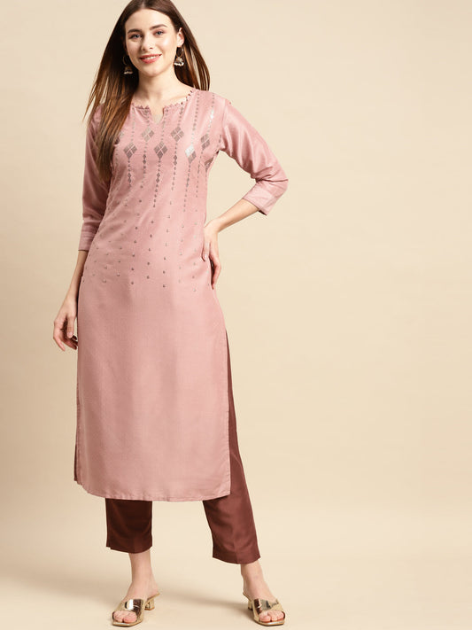 Ethnic Embroidered Kurta with Pant - Rose Pink
