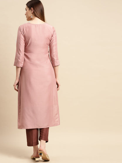 Ethnic Embroidered Kurta with Pant - Rose Pink