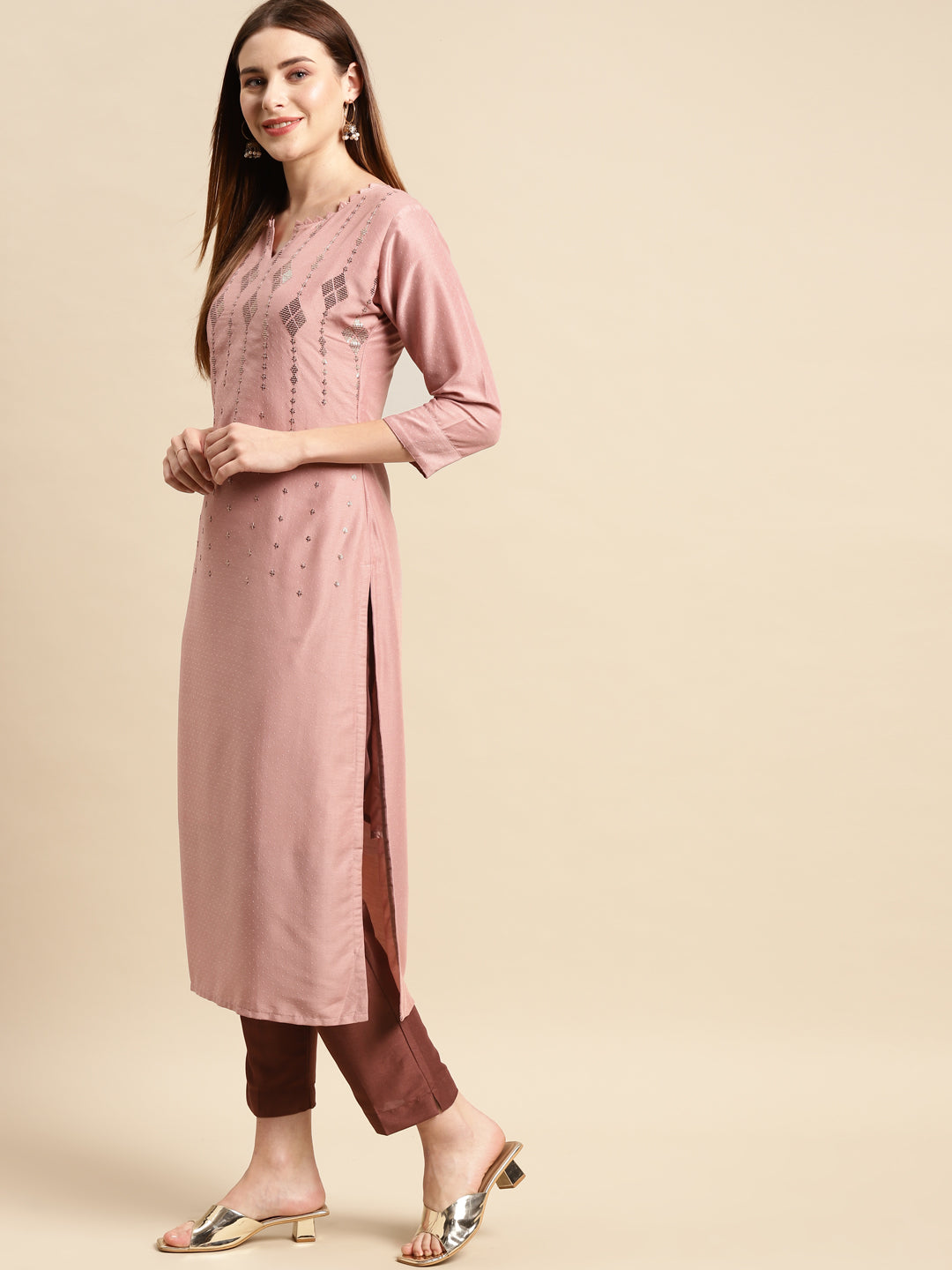 Ethnic Embroidered Kurta with Pant - Rose Pink