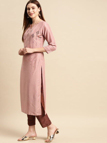 Ethnic Embroidered Kurta with Pant - Rose Pink