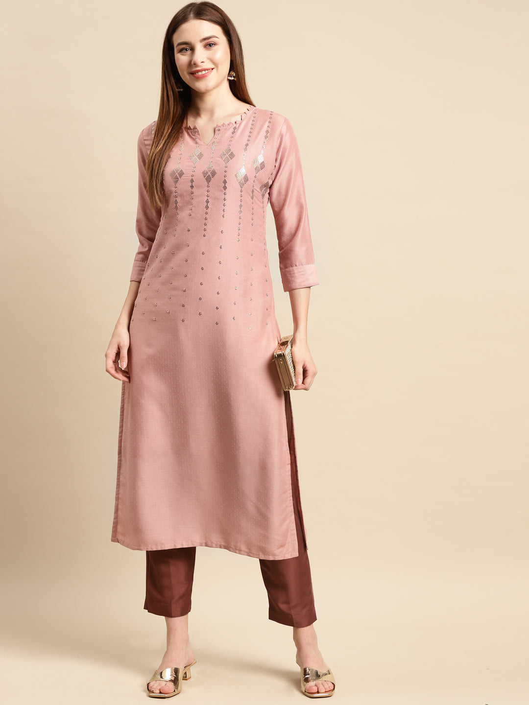 Ethnic Embroidered Kurta with Pant - Rose Pink