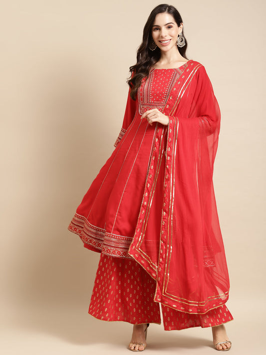 Embroidered Anarkali Kurta & Flared Palazzo with Dupatta - Red