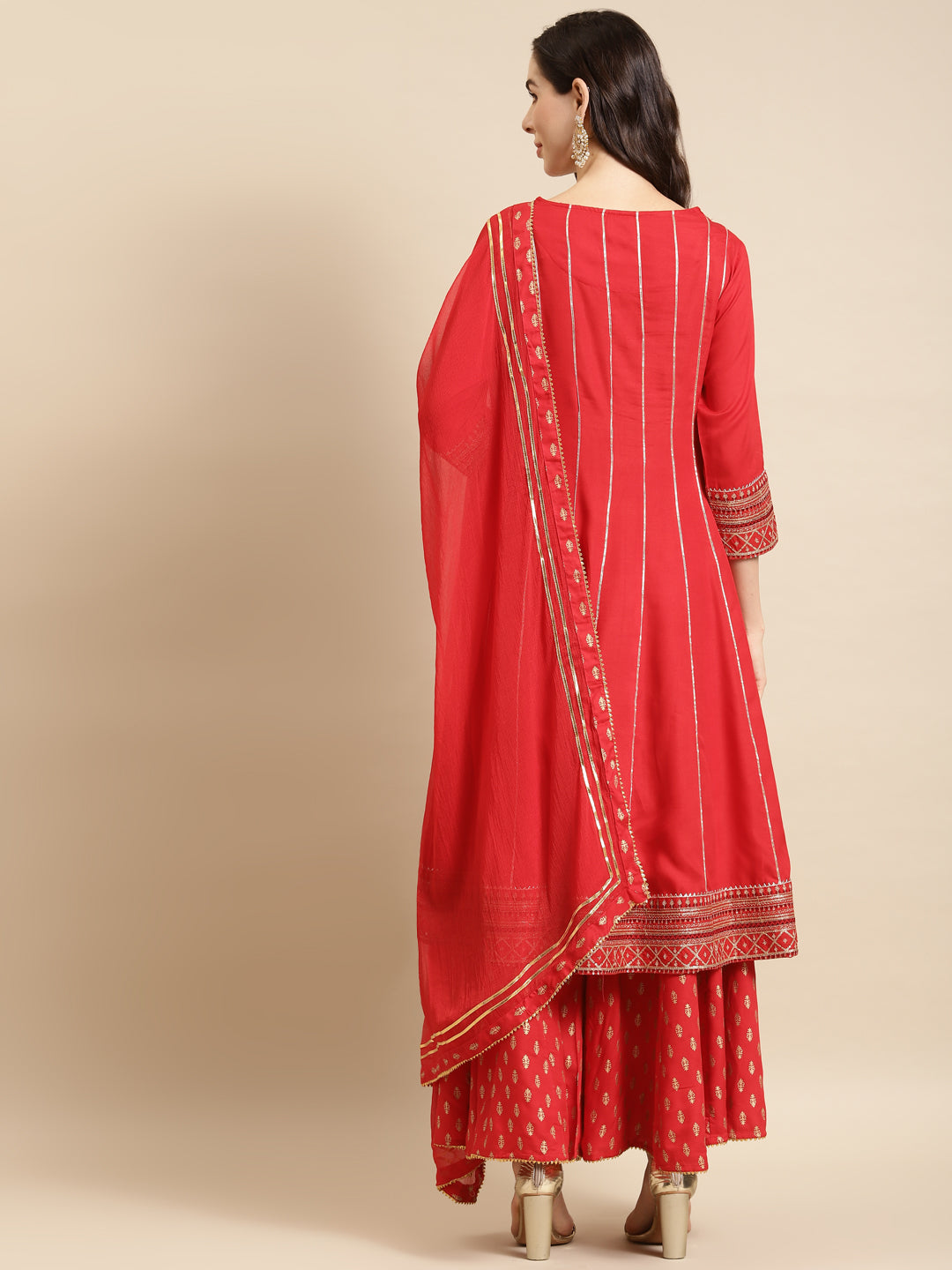 Embroidered Anarkali Kurta & Flared Palazzo with Dupatta - Red