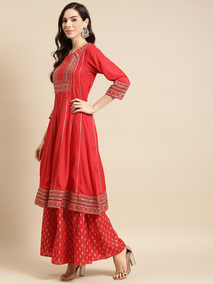 Embroidered Anarkali Kurta & Flared Palazzo with Dupatta - Red