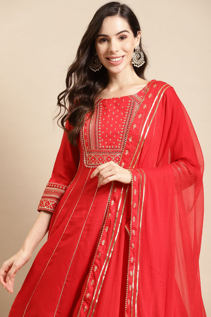 Embroidered Anarkali Kurta & Flared Palazzo with Dupatta - Red