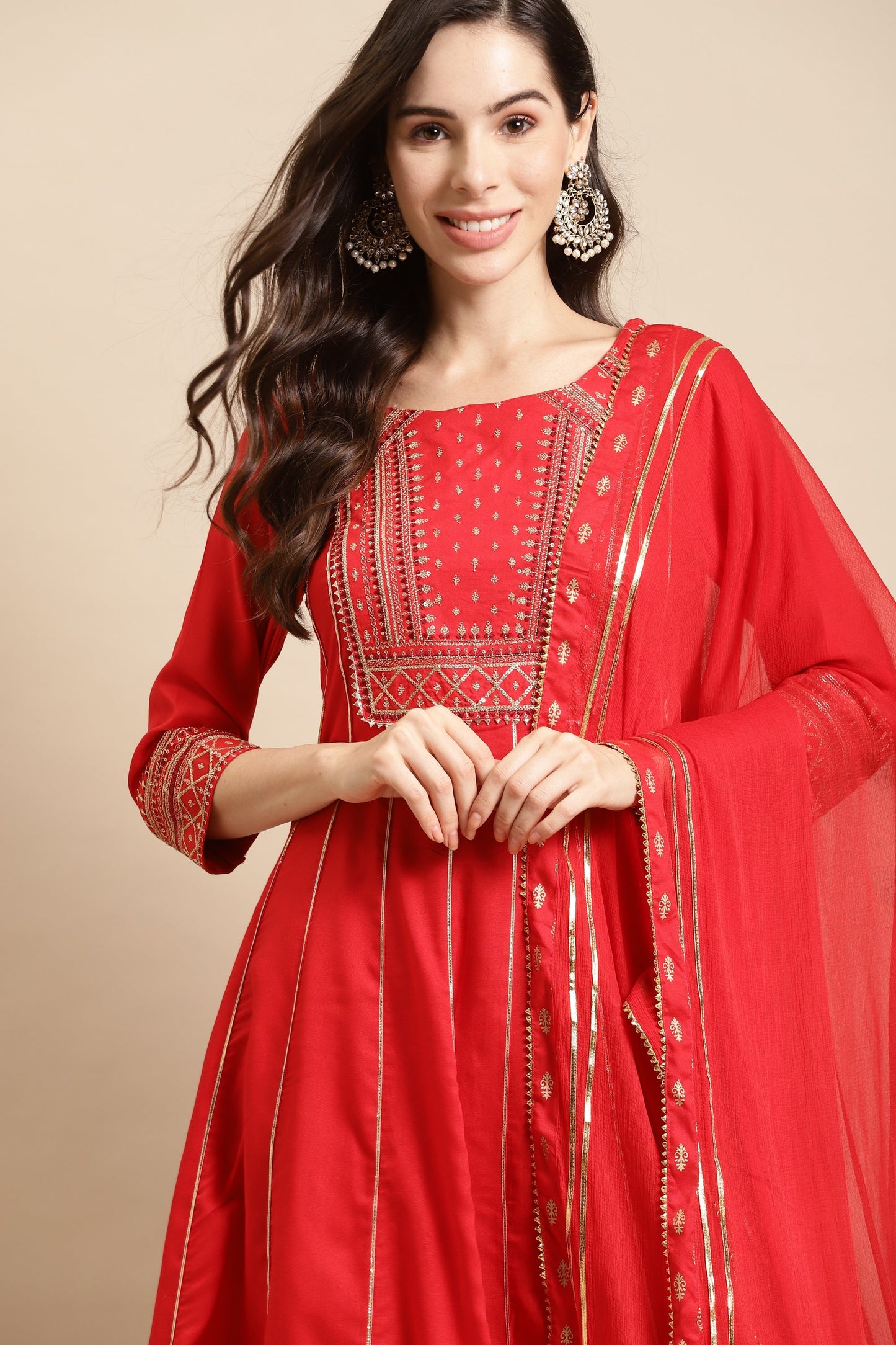 Embroidered Anarkali Kurta & Flared Palazzo with Dupatta - Red