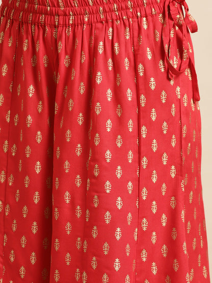 Embroidered Anarkali Kurta & Flared Palazzo with Dupatta - Red