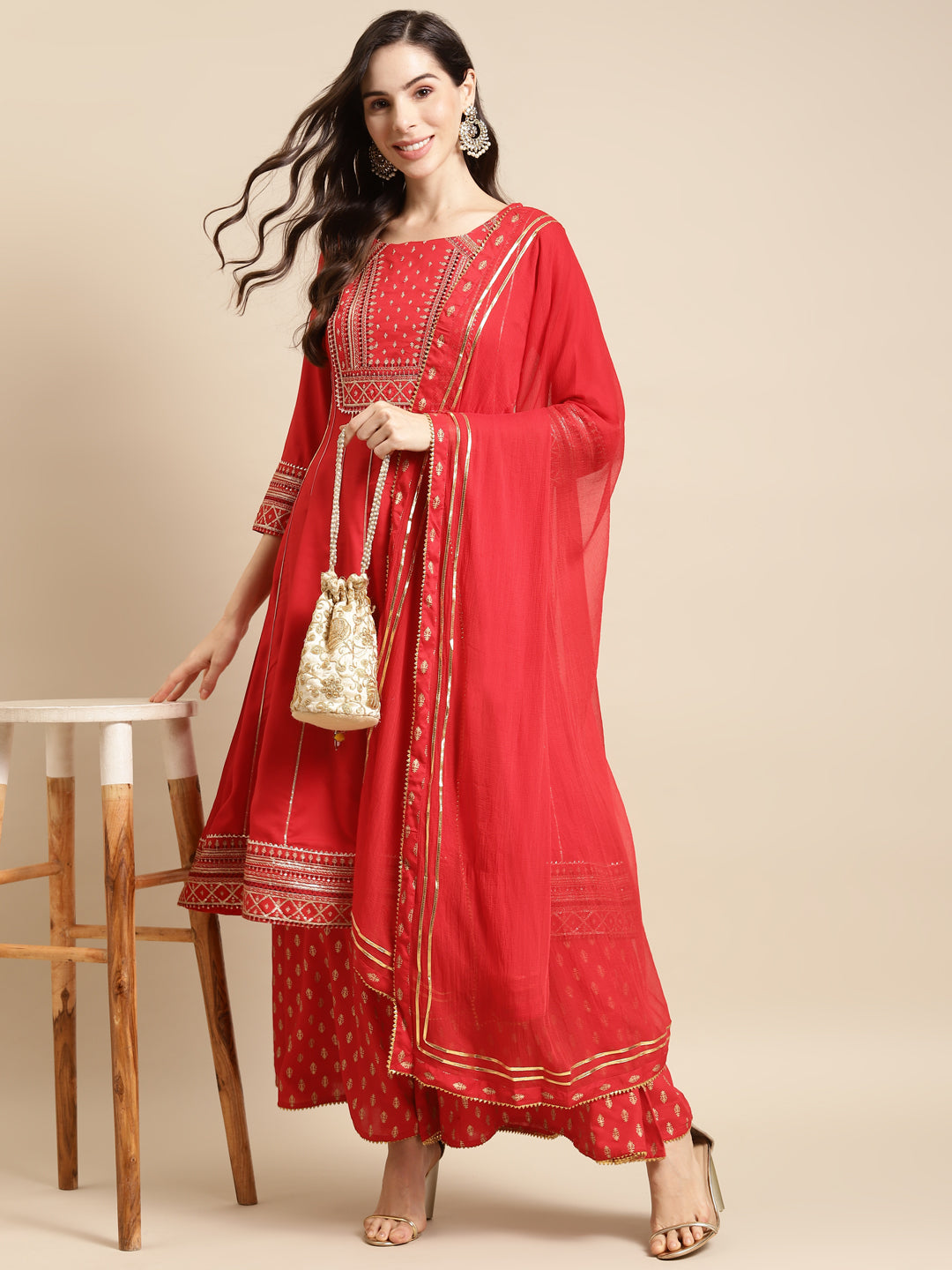 Embroidered Anarkali Kurta & Flared Palazzo with Dupatta - Red