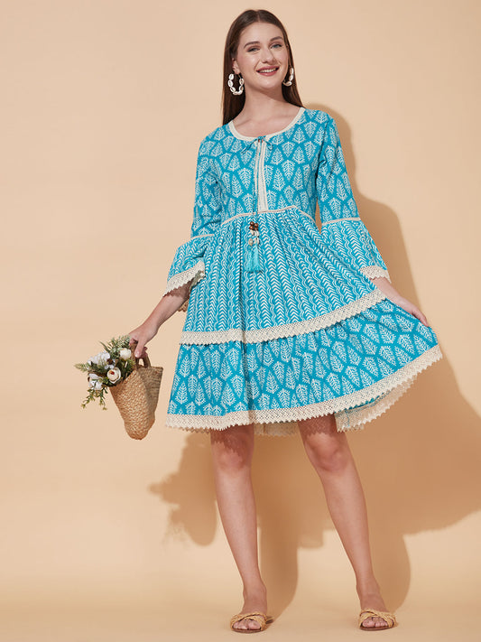 Ethnic Printed Tiered Flared Midi Dress - Turquoise