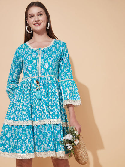 Ethnic Printed Tiered Flared Midi Dress - Turquoise