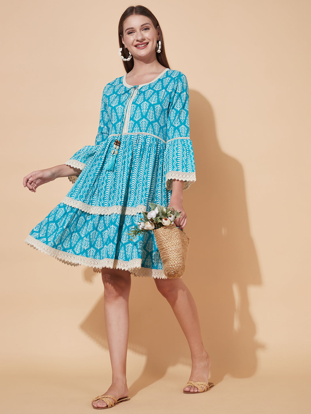 Ethnic Printed Tiered Flared Midi Dress - Turquoise