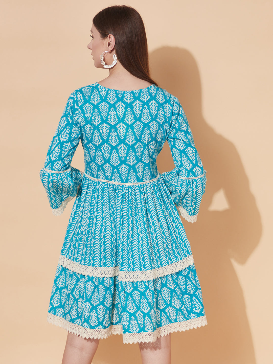 Ethnic Printed Tiered Flared Midi Dress - Turquoise