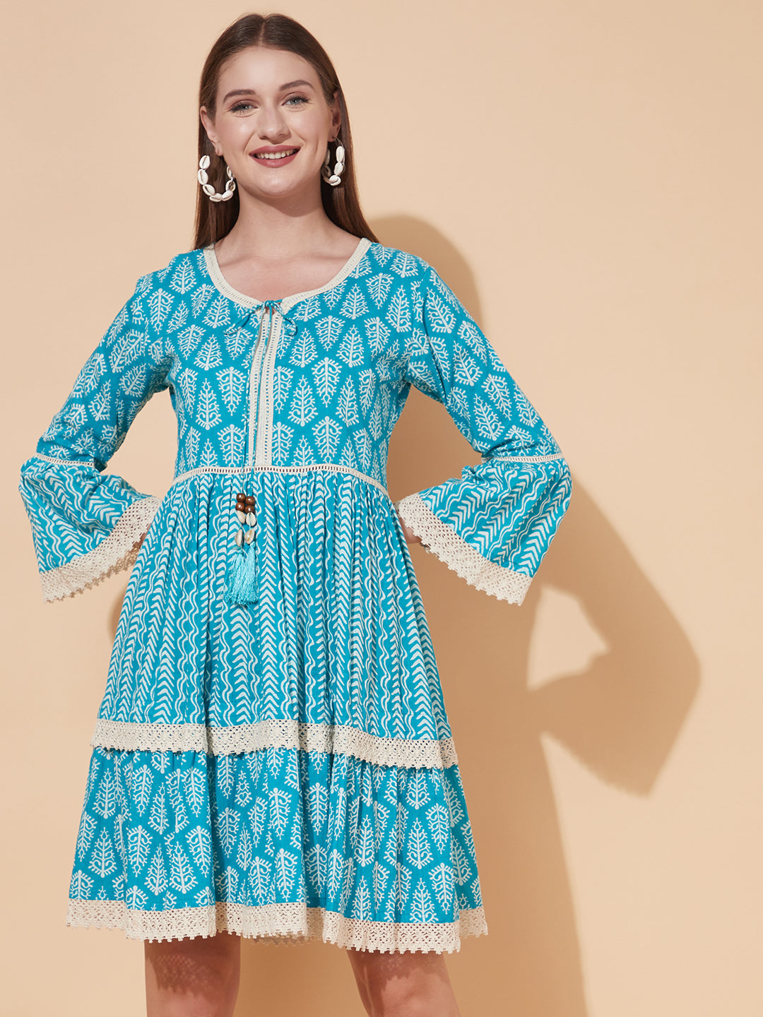 Ethnic Printed Tiered Flared Midi Dress - Turquoise
