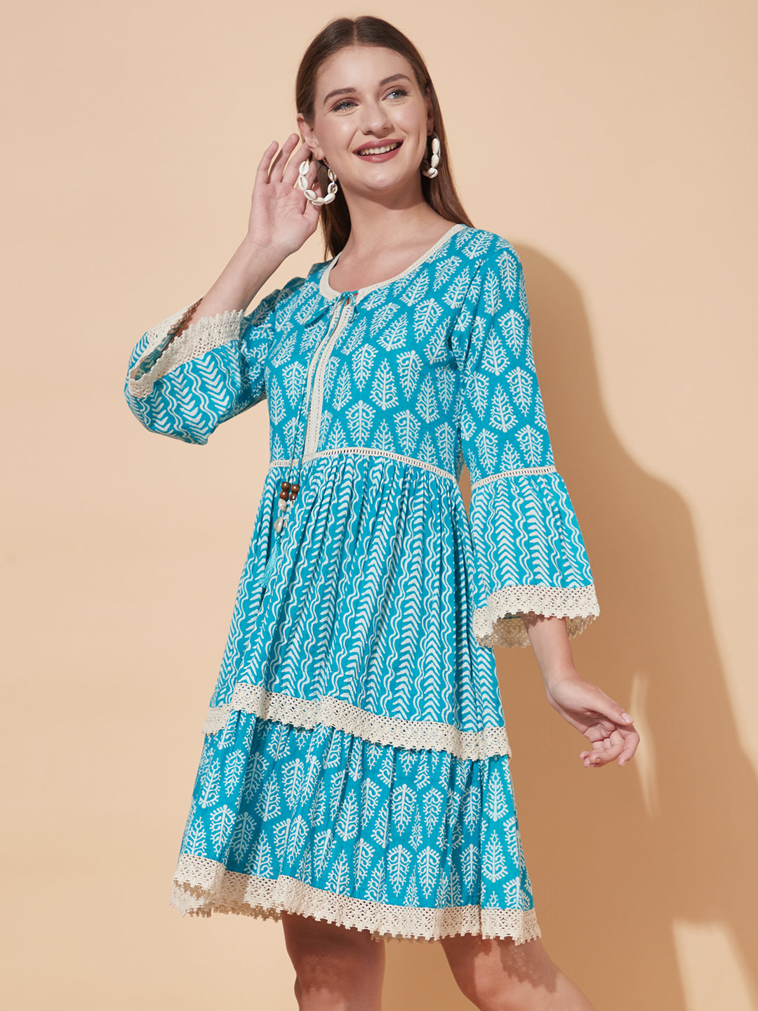Ethnic Printed Tiered Flared Midi Dress - Turquoise