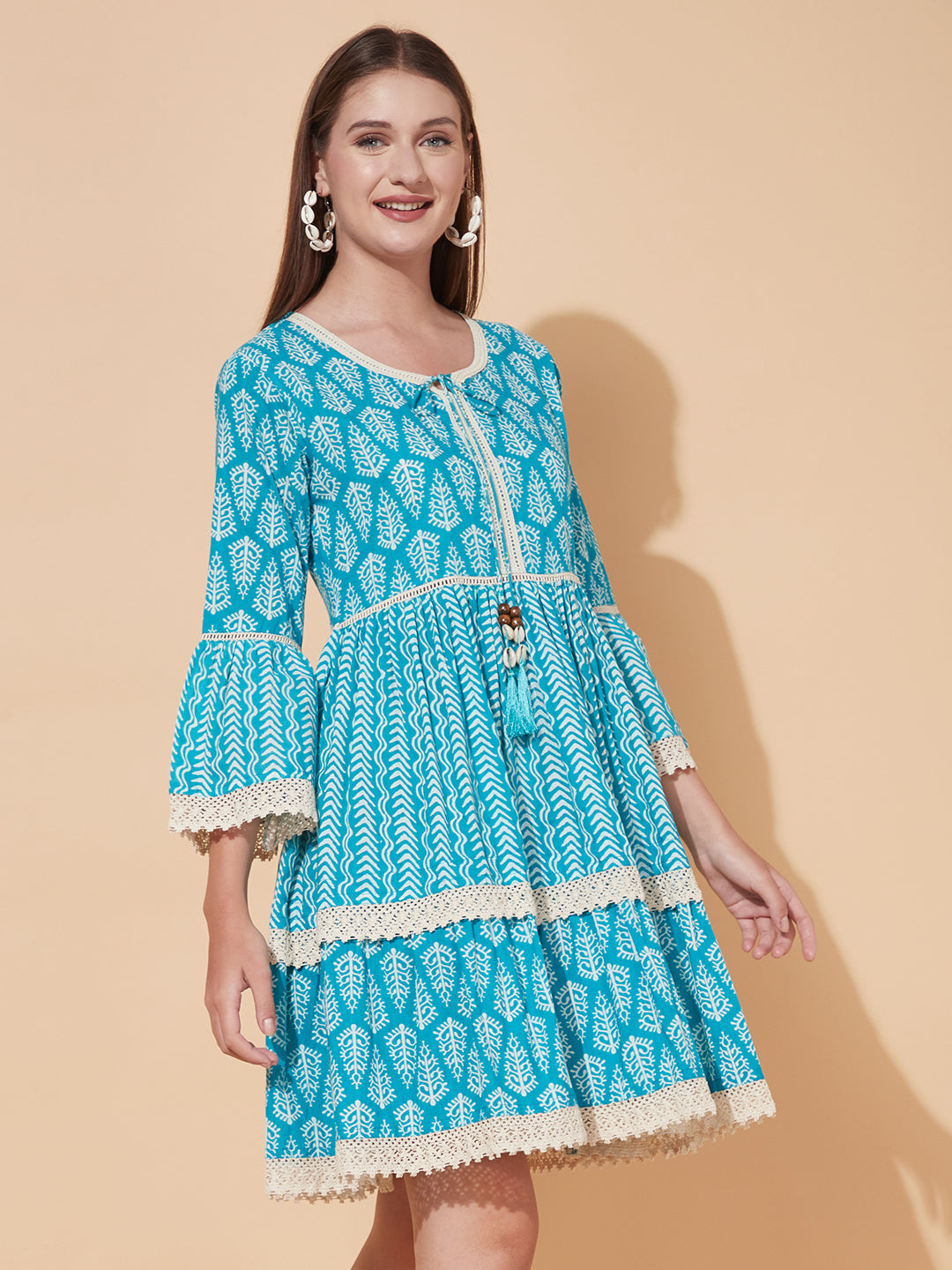 Ethnic Printed Tiered Flared Midi Dress - Turquoise