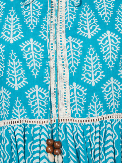 Ethnic Printed Tiered Flared Midi Dress - Turquoise