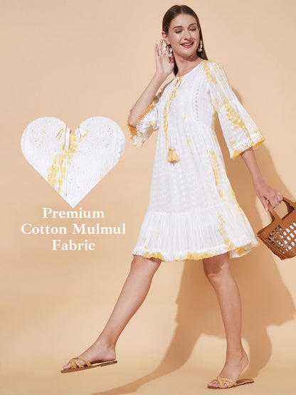 Tie-Dyed Flared Cutwork Midi Dress - White