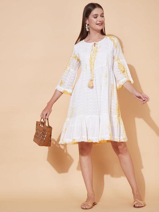 Tie-Dyed Flared Cutwork Midi Dress - White
