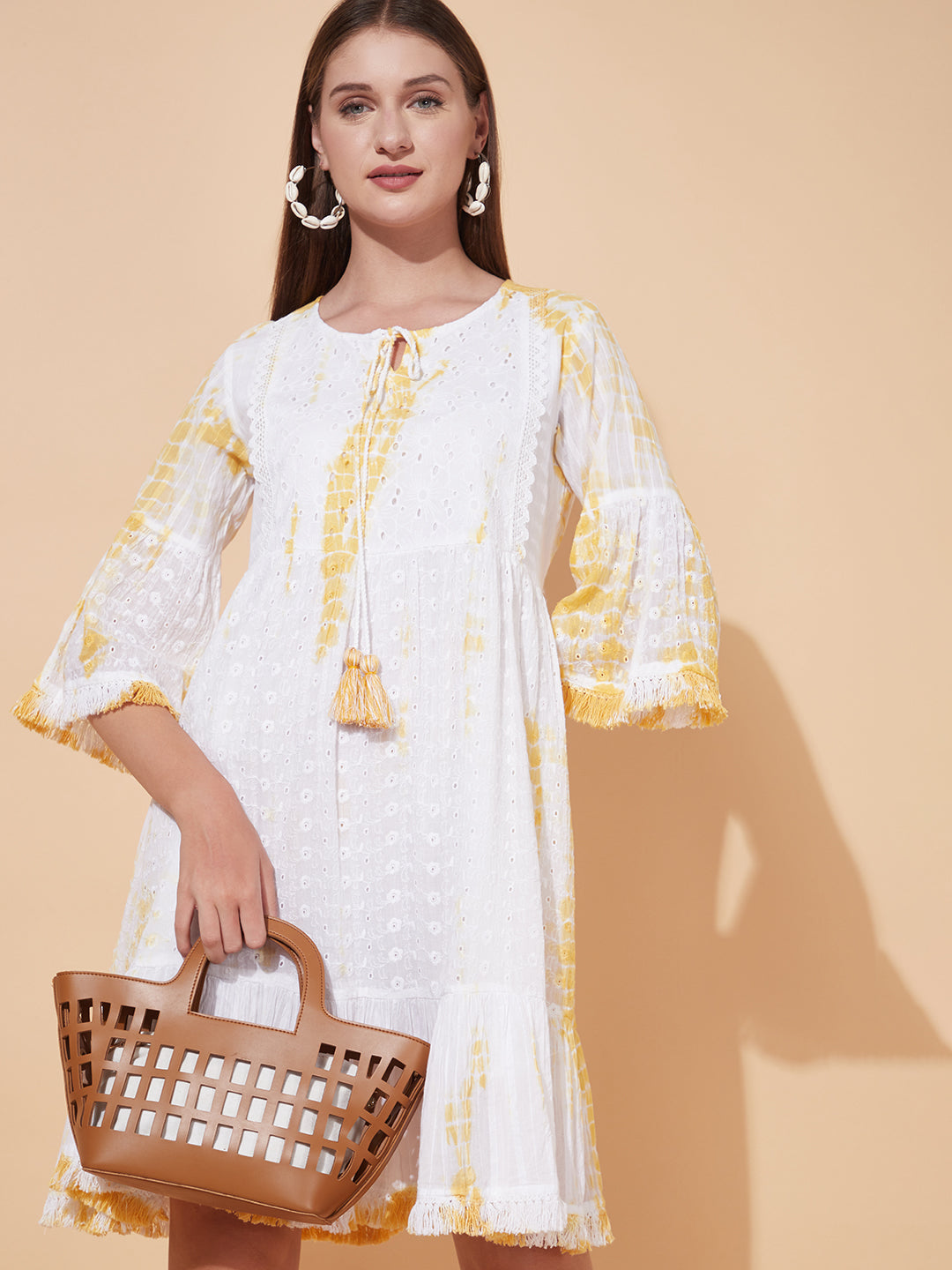 Tie-Dyed Flared Cutwork Midi Dress - White