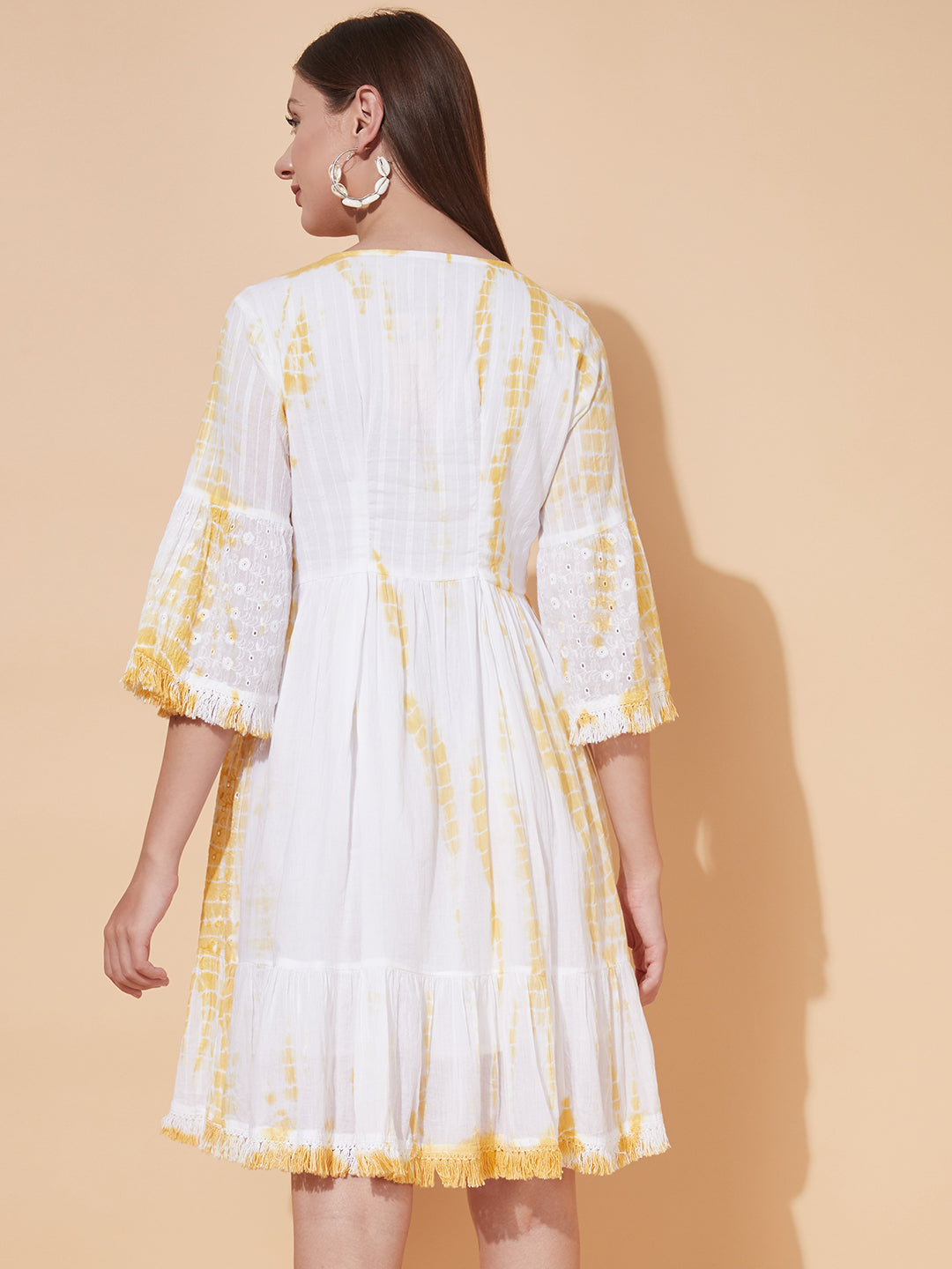 Tie-Dyed Flared Cutwork Midi Dress - White