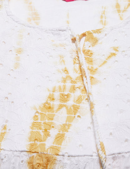 Tie-Dyed Flared Cutwork Midi Dress - White
