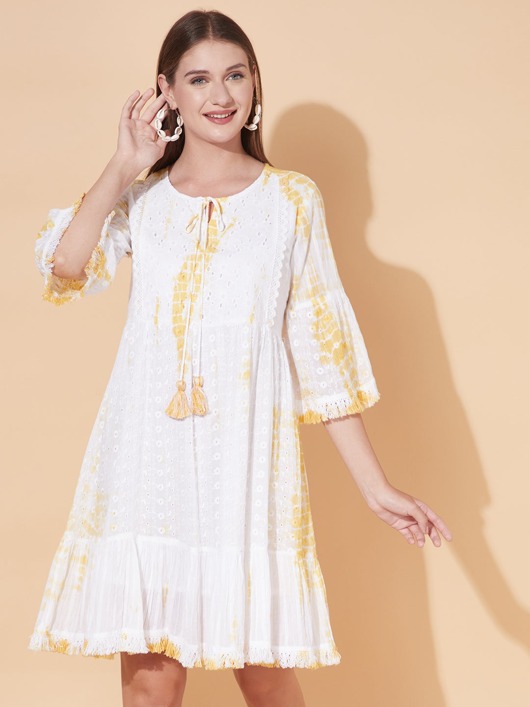 Tie-Dyed Flared Cutwork Midi Dress - White