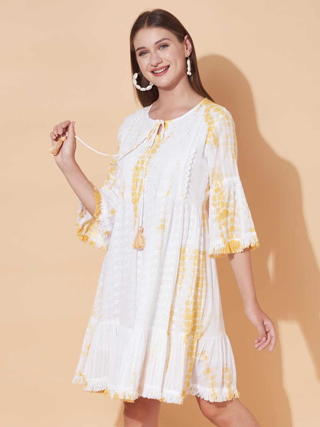 Tie-Dyed Flared Cutwork Midi Dress - White