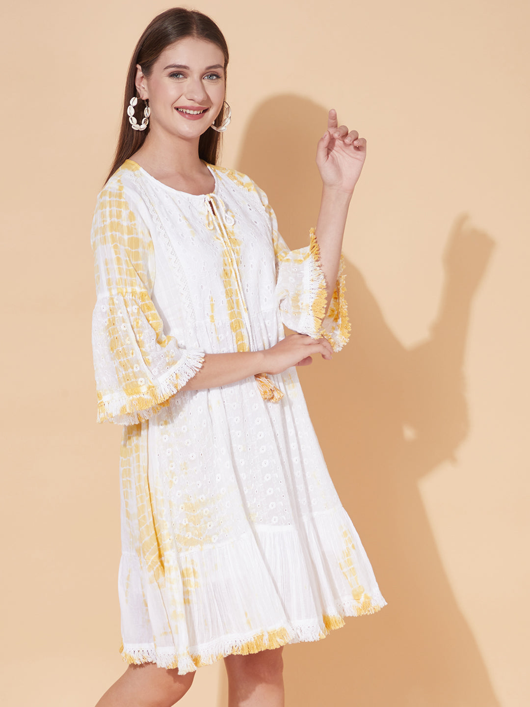 Tie-Dyed Flared Cutwork Midi Dress - White
