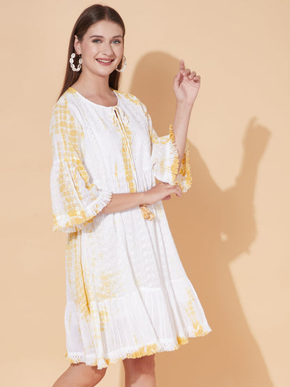 Tie-Dyed Flared Cutwork Midi Dress - White