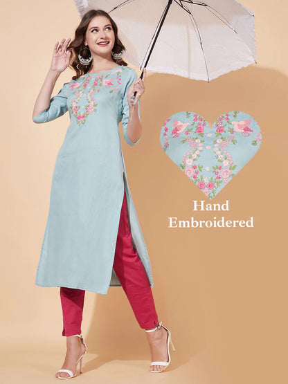 Floral Hand Embroidered Straight Fit Kurta - Powder Blue