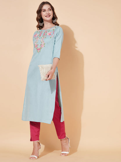 Floral Hand Embroidered Straight Fit Kurta - Powder Blue