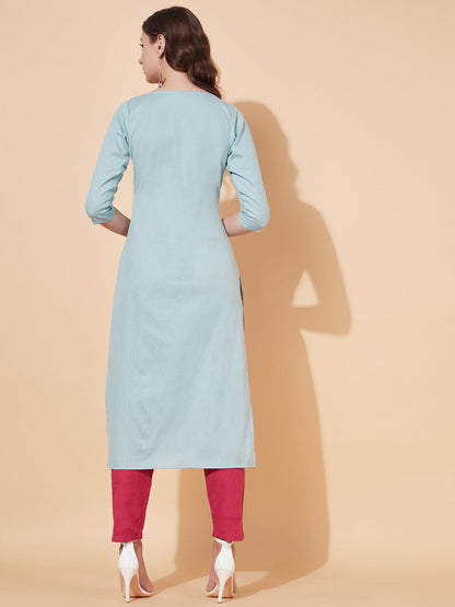 Floral Hand Embroidered Straight Fit Kurta - Powder Blue