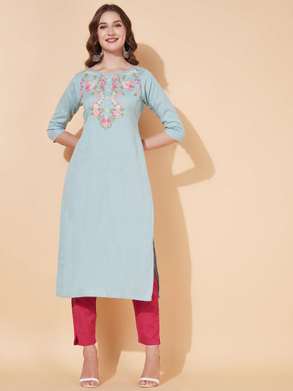 Floral Hand Embroidered Straight Fit Kurta - Powder Blue