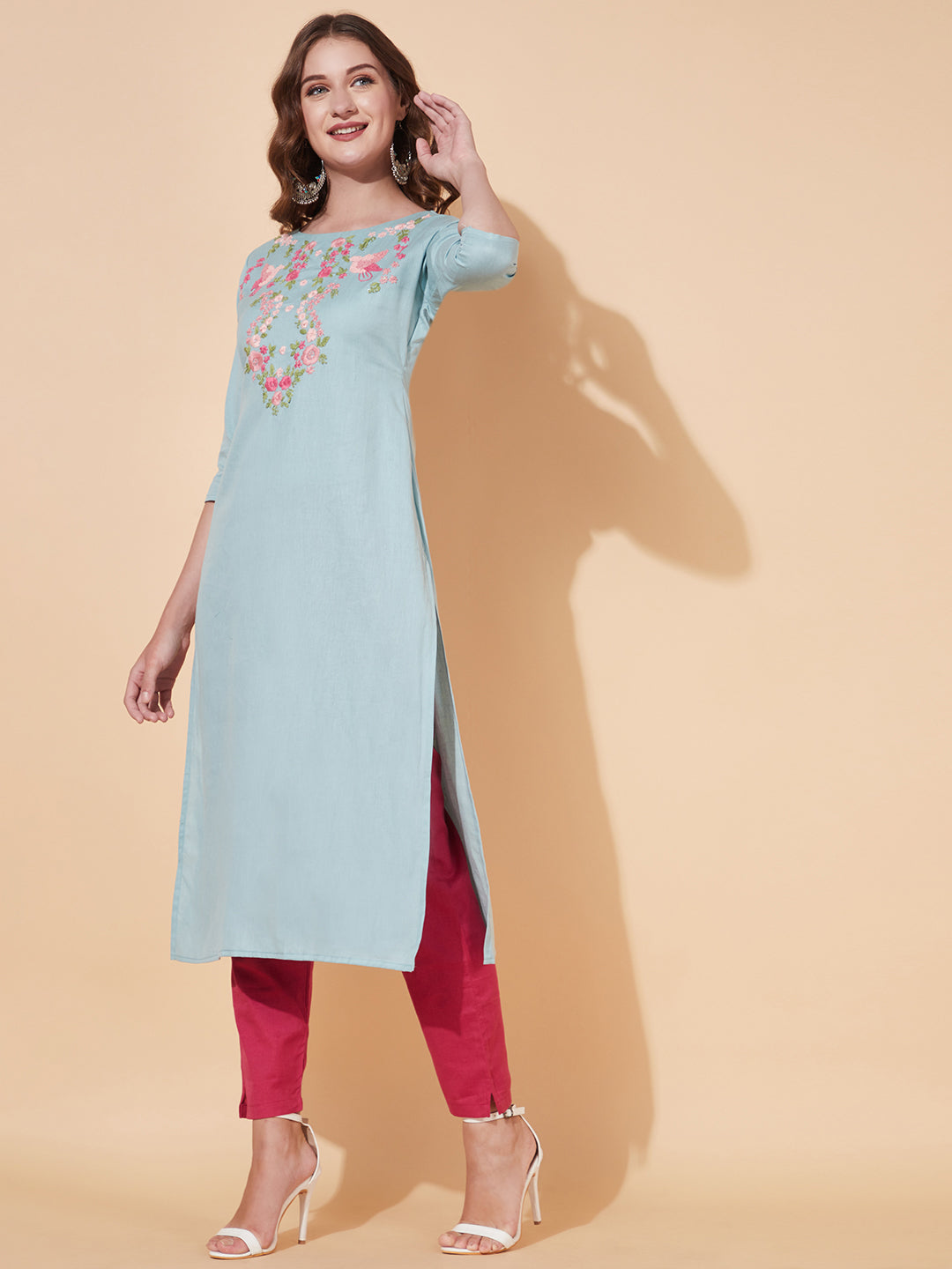 Floral Hand Embroidered Straight Fit Kurta - Powder Blue